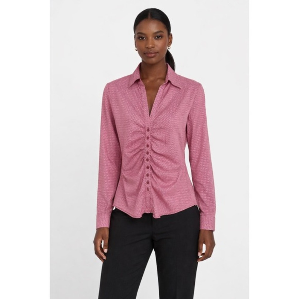 New York & Co Pink Chevron Print Ruched Button Front Shirt‎ Blouse XS Chic 90-38